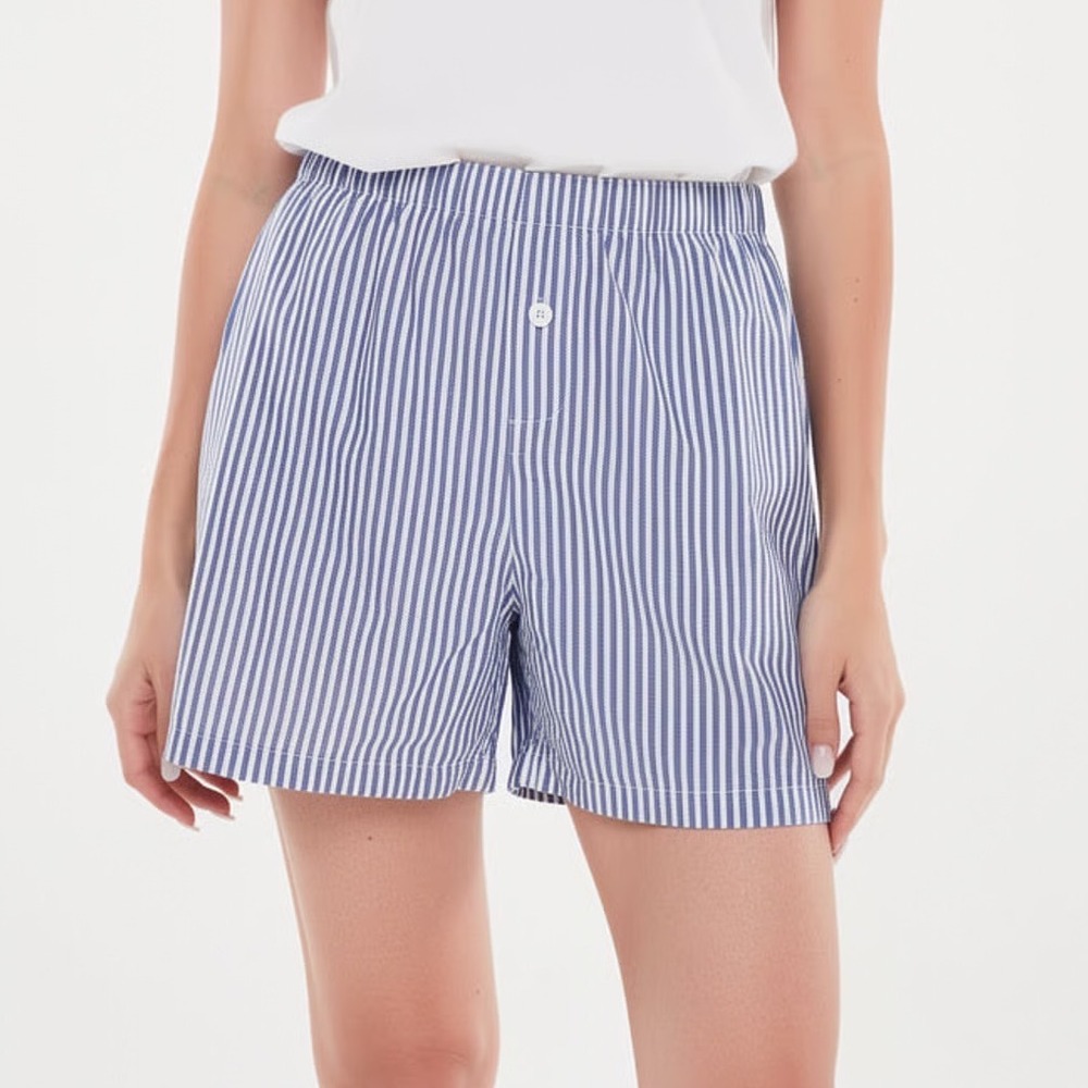 Lomon Boxer Shorts Mens Medium Blue White Striped Cotton Mid Rise Elastic Waist